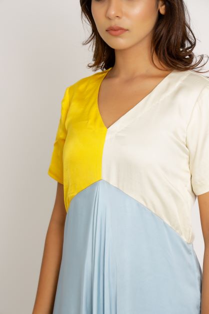 Yellow Ice Blue Color Blocking Dress
