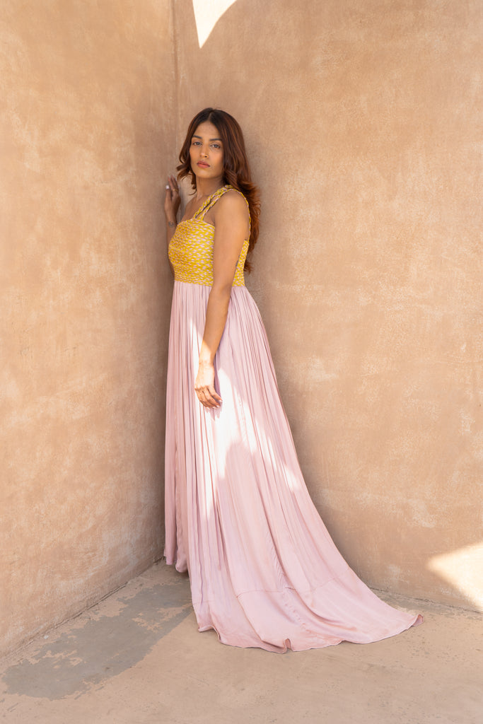 Neora Pink Yellow Braided Bustier Gather Gown Wedding Cocktail Dress The Fairnest Neora Pink Yellow Braided Bustier Gather Gown Wedding Cocktail Dress The Fairnest