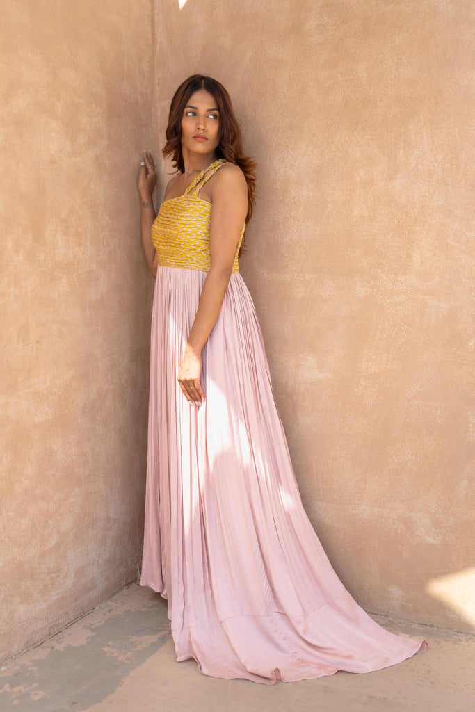 Neora Pink Yellow Braided Bustier Gather Gown Wedding Cocktail Dress The Fairnest Neora Pink Yellow Braided Bustier Gather Gown Wedding Cocktail Dress The Fairnest