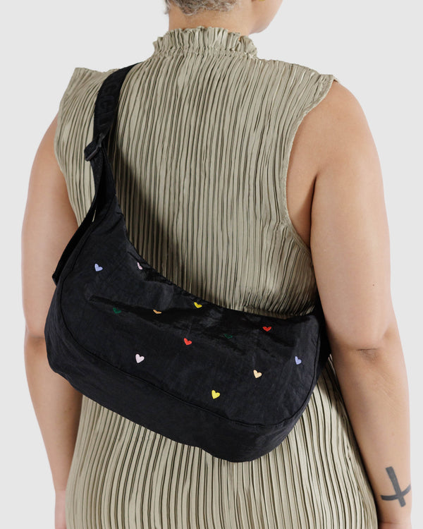 Medium Nylon Crescent Bag Embroidered Hearts
