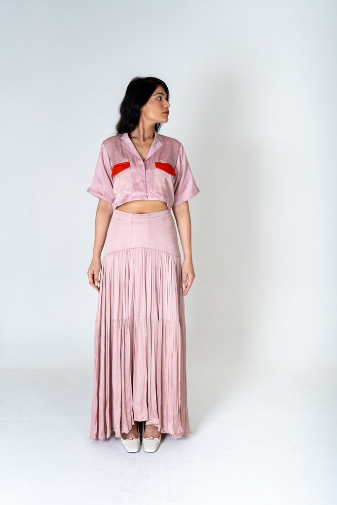 Pink-Orange Color-Blocked Maxi Skirt Set