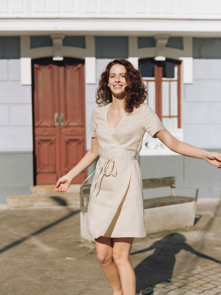 Roade Arnela Sand Linen Wrap Dress Organic Clothing Spain – The Fairnest