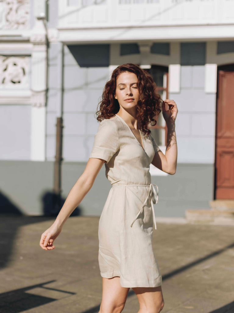 Roade Arnela Sand Linen Wrap Dress Organic Clothing Spain The Fairnest Roade Arnela Sand Linen Wrap Dress Organic Clothing Spain The Fairnest