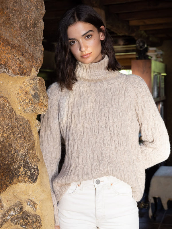 NÓS Beige High Neck Alpaca Wool Sweater