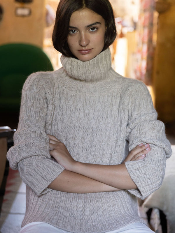 NÓS Beige High Neck Alpaca Wool Sweater