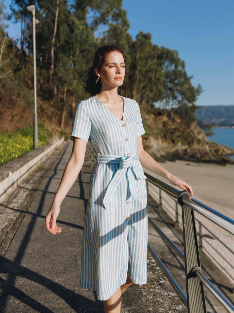 Roade Porto Blue Stripe Linen Midi Dress Organic Sustainable The Fairnest Roade Porto Blue Stripe Linen Midi Dress Organic Sustainable The Fairnest