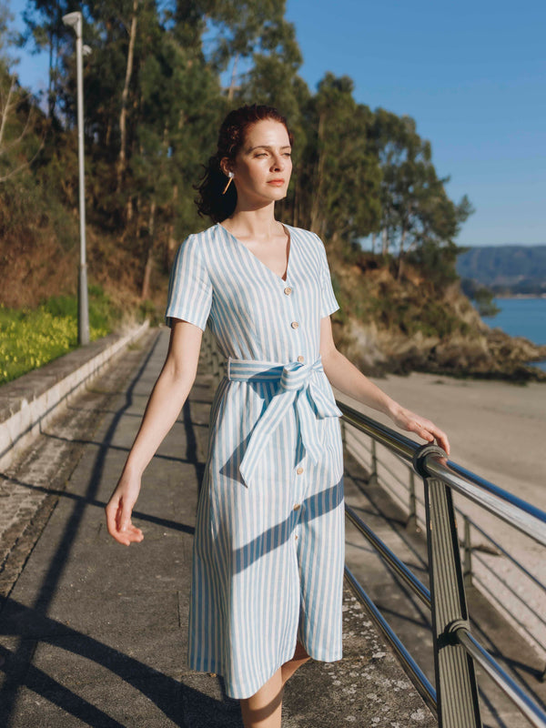 Roade Porto Blue Stripe Linen Midi Dress Organic Sustainable The Fairnest Roade Porto Blue Stripe Linen Midi Dress Organic Sustainable The Fairnest