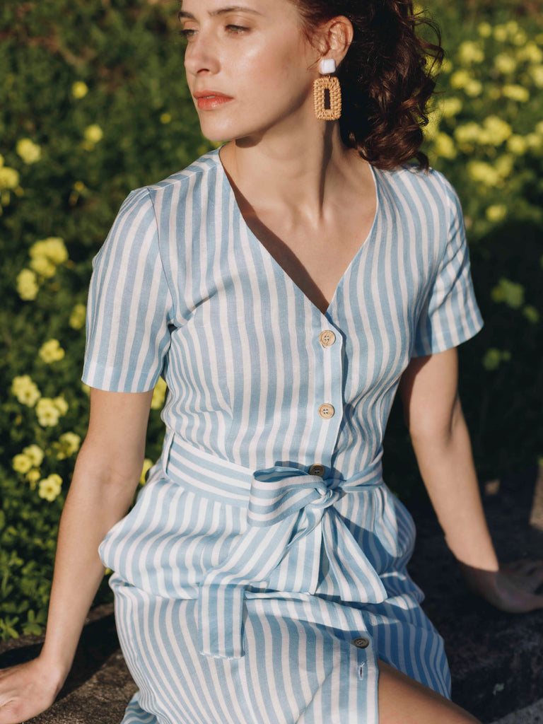 Roade Porto Blue Stripe Linen Midi Dress Organic Sustainable The Fairnest Roade Porto Blue Stripe Linen Midi Dress Organic Sustainable The Fairnest