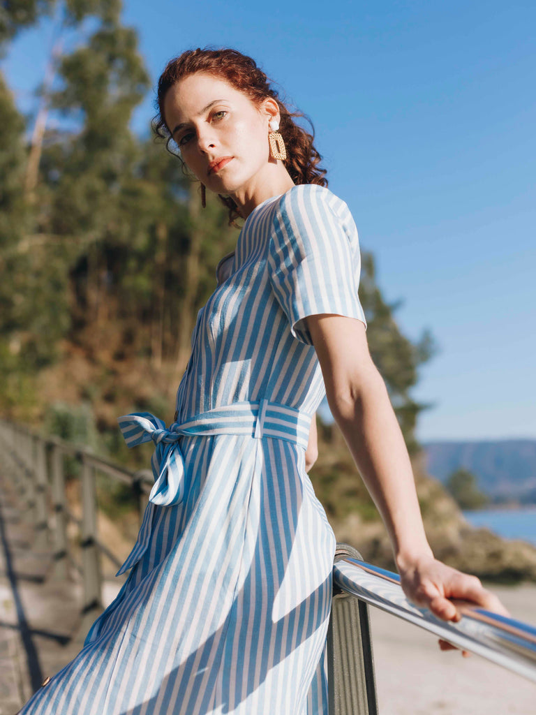 Roade Porto Blue Stripe Linen Midi Dress Organic Sustainable The Fairnest Roade Porto Blue Stripe Linen Midi Dress Organic Sustainable The Fairnest