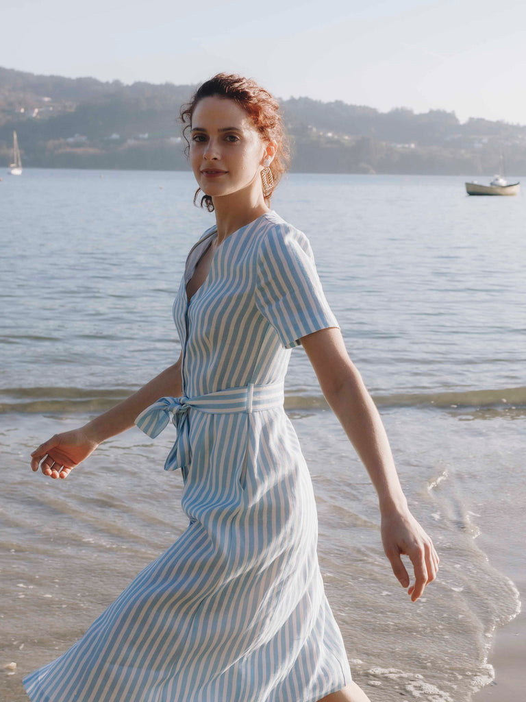 Roade Porto Blue Stripe Linen Midi Dress Organic Sustainable The Fairnest Roade Porto Blue Stripe Linen Midi Dress Organic Sustainable The Fairnest