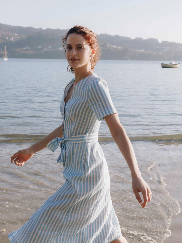 Roade Porto Blue Stripe Linen Midi Dress Organic Sustainable The Fairnest Roade Porto Blue Stripe Linen Midi Dress Organic Sustainable The Fairnest