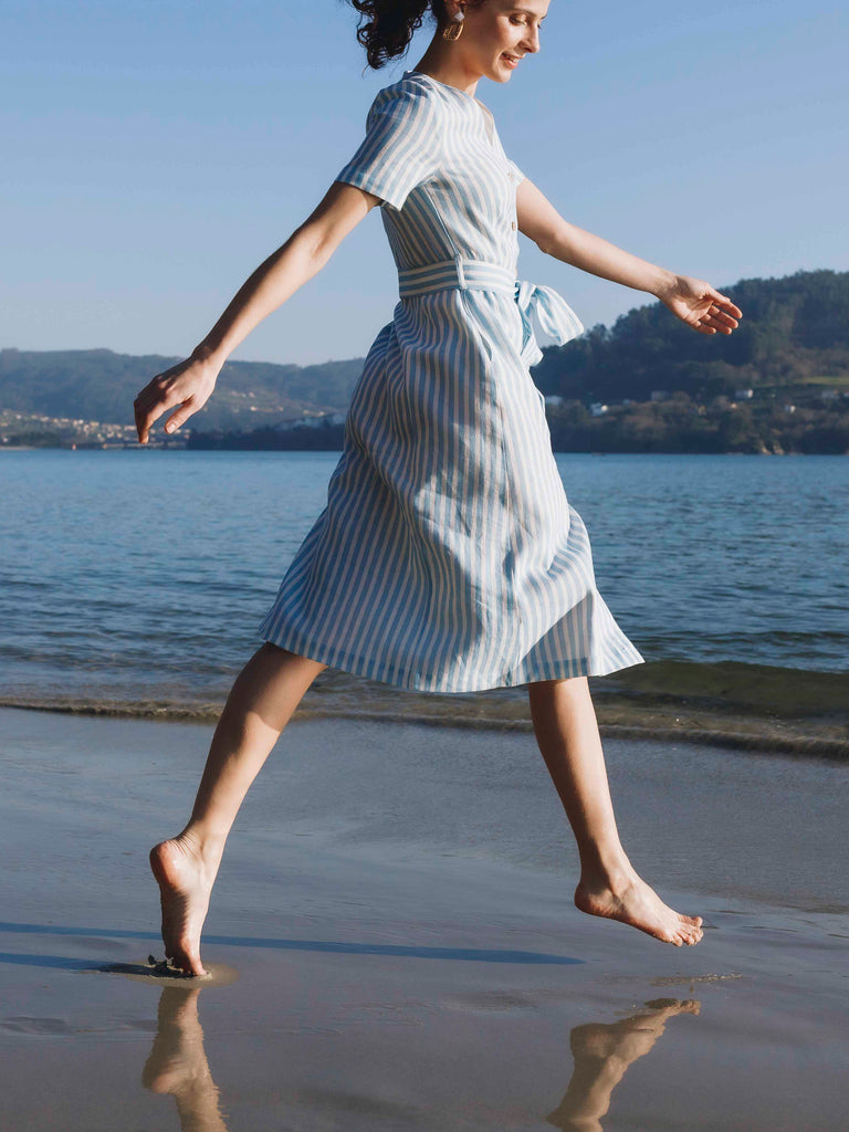 Roade Porto Blue Stripe Linen Midi Dress Organic Sustainable – The Fairnest