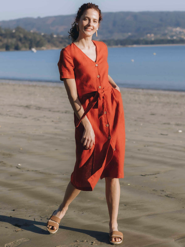 Porto Red Linen Midi Dress