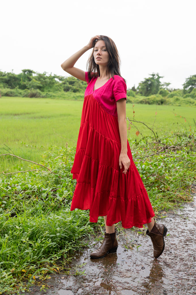 Bamboo Modal Silk Dress Made To Order Color Blocking Asymmetric Silk Dress, Color-blocking Summer Dresses, Sustainable Silk. Red- Pink The Fairnest Bamboo Modal Silk Dress Made To Order Color Blocking Asymmetric Silk Dress, Color-blocking Summer Dresses, Sustainable Silk. Red- Pink The Fairnest