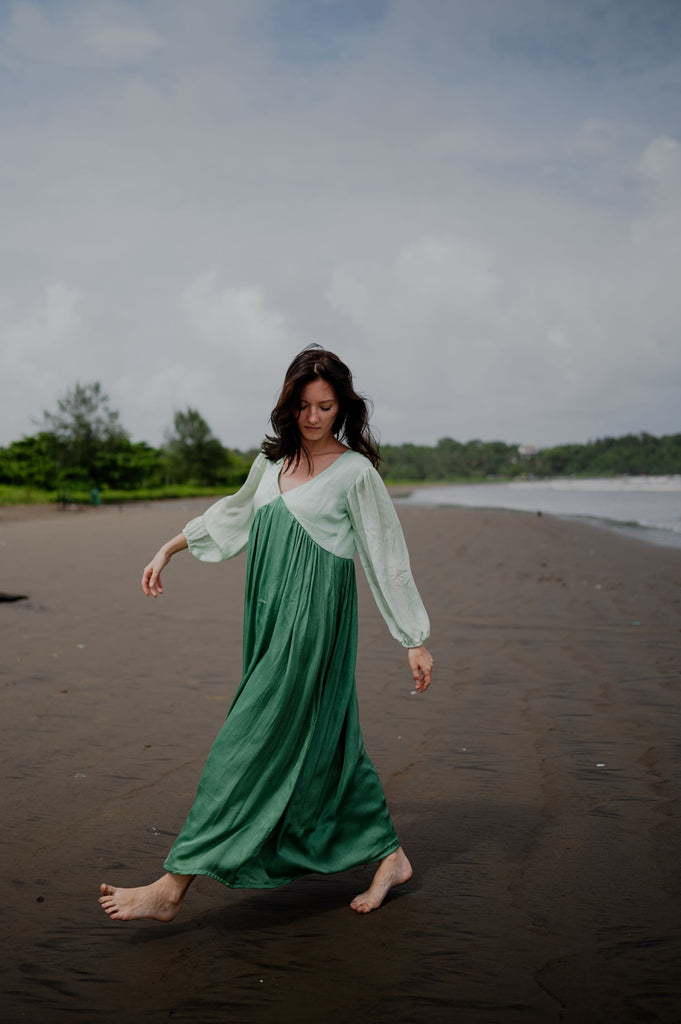 Bamboo Modal Silk Dress Made To Order Color Blocking Teal-Tea Green Full Length Dress with Bishop Sleeves and Gathers The Fairnest Bamboo Modal Silk Dress Made To Order Color Blocking Teal-Tea Green Full Length Dress with Bishop Sleeves and Gathers The Fairnest