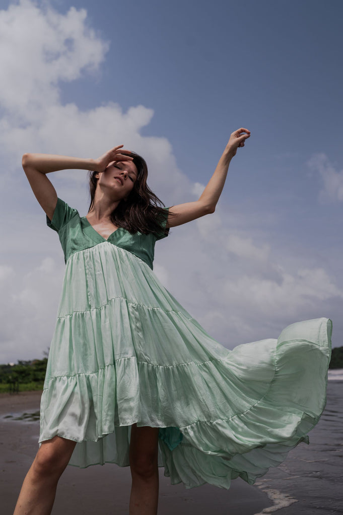 Bamboo Modal Silk Dress Made To Order Color Blocking Asymmetric Silk Dress, Color-blocking Summer Dresses, Sustainable Silk. Teal Tea Green The Fairnest Bamboo Modal Silk Dress Made To Order Color Blocking Asymmetric Silk Dress, Color-blocking Summer Dresses, Sustainable Silk. Teal Tea Green The Fairnest