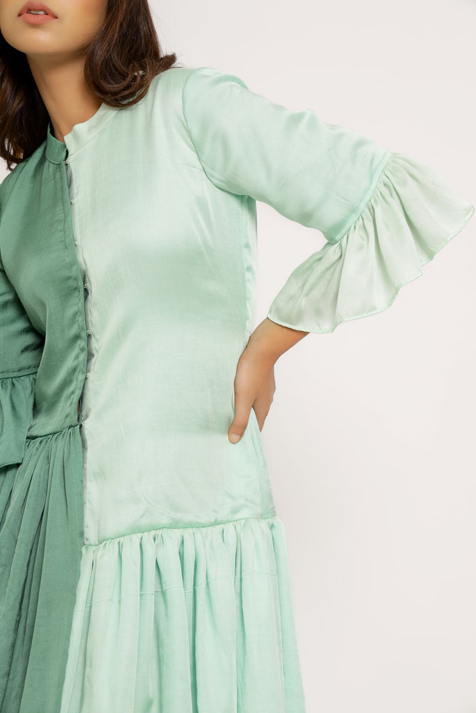 Bamboo Modal Silk Dress Made To Order Color Blocking Teal Tea Green Mid Length Dress with Asymmetrical Gathers. The Fairnest Bamboo Modal Silk Dress Made To Order Color Blocking Teal Tea Green Mid Length Dress with Asymmetrical Gathers. The Fairnest