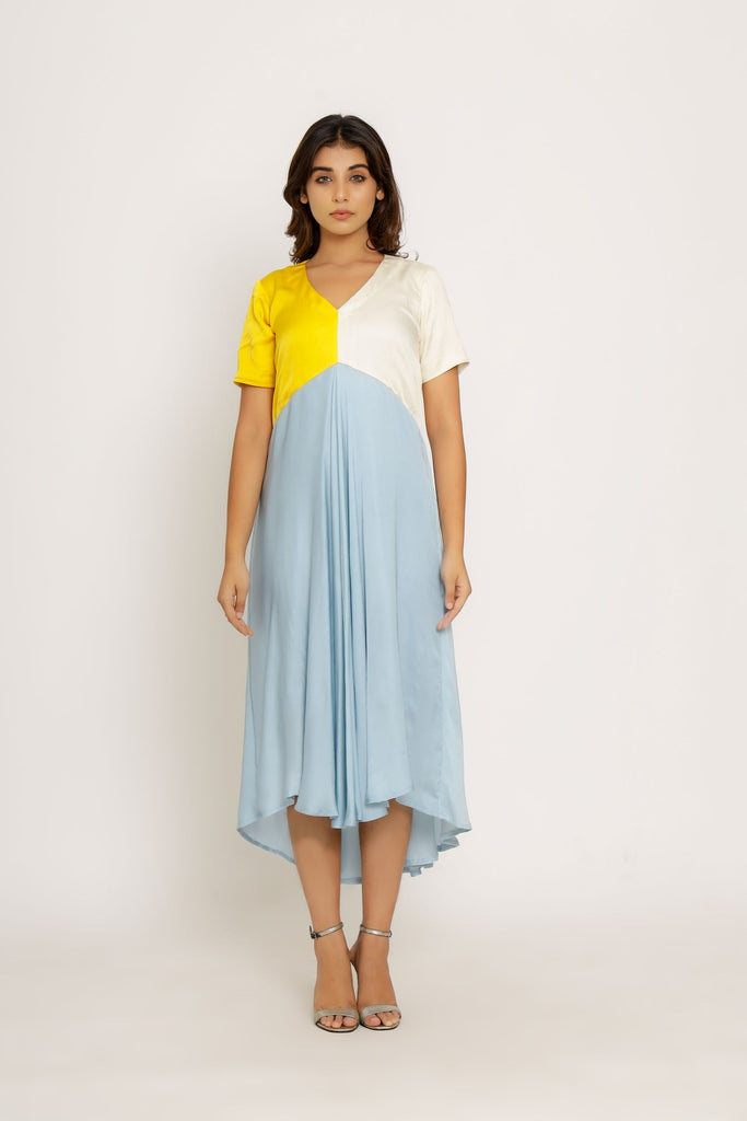 blue and yellow color block dress Cotton Block Printed Yellow & Blue Floral Dress O'Day Cache