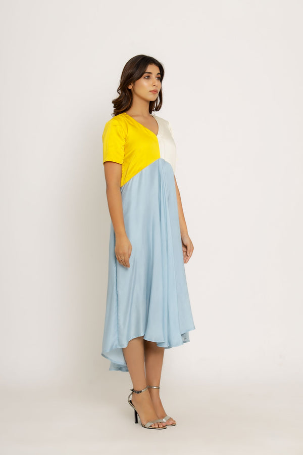 Yellow Ice Blue Color Blocking Dress