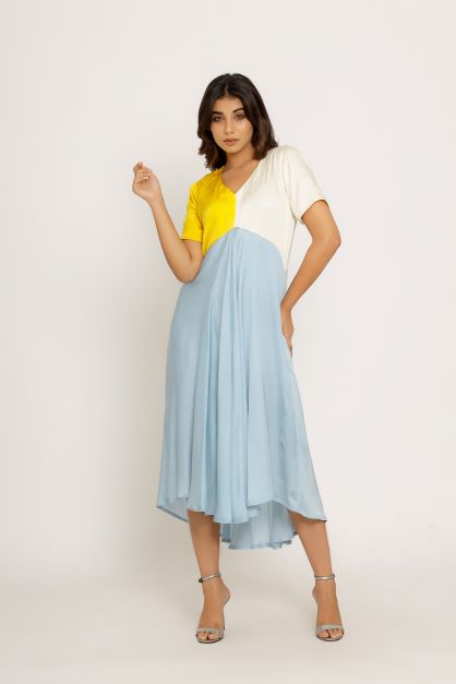 Yellow-Ice Blue Midi Dress XS Yellow-Ice Blue Midi Dress XS