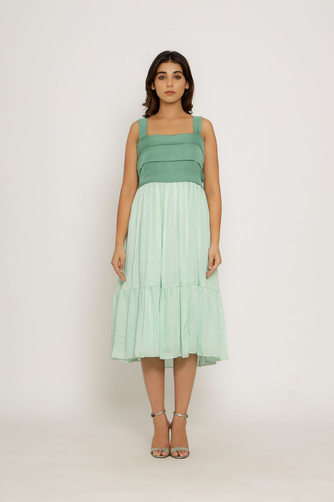 Bamboo Modal Silk Dress Made To Order Color Blocking Teal-Tea Green Midi Dress with Strap Sleeves and Gathers The Fairnest Bamboo Modal Silk Dress Made To Order Color Blocking Teal-Tea Green Midi Dress with Strap Sleeves and Gathers The Fairnest
