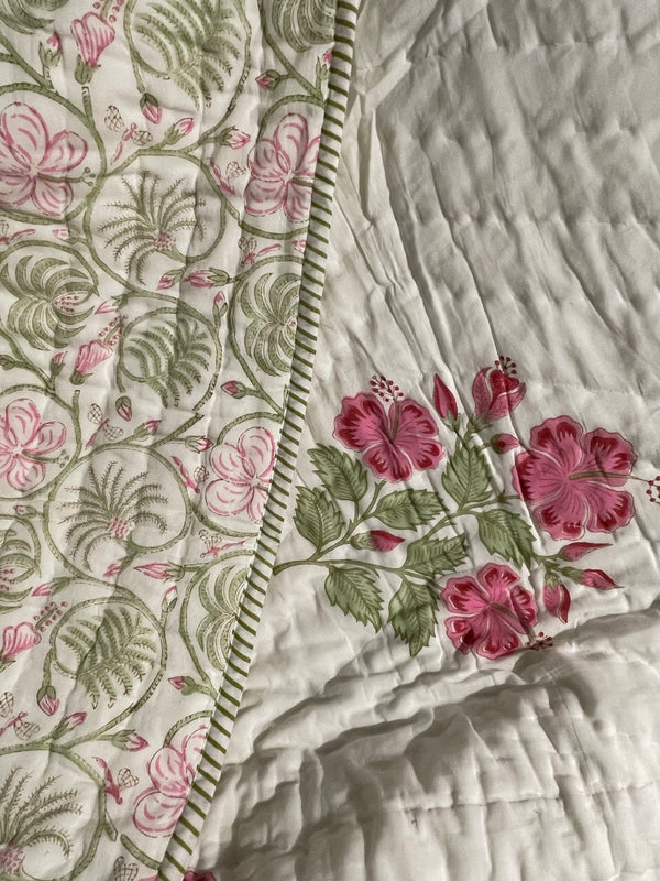 Pink Camellia Print Handblocked Quilt