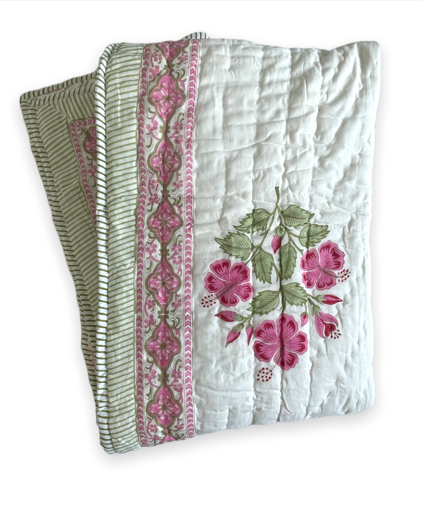 Pink Camellia Print Handblocked Quilt