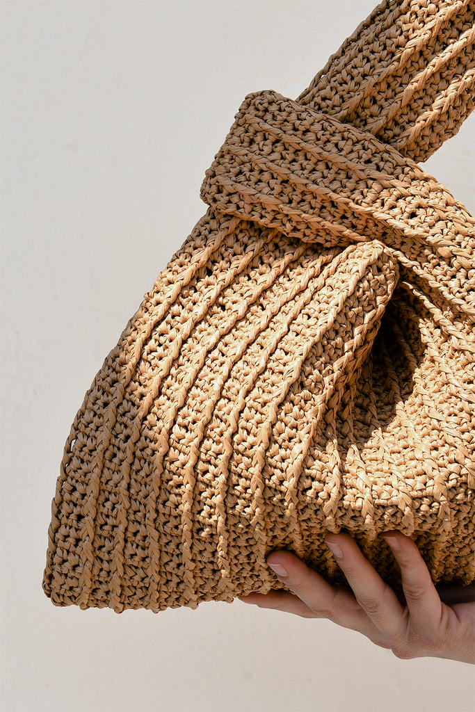 Raffia Knot Bag in Tan, Crochet Raffia Handbag, Summer Wrist Bag