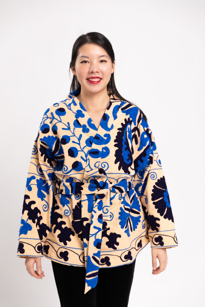 Moi Namaste Electric Blue Suzani Jacket, inspired by the Afghan
